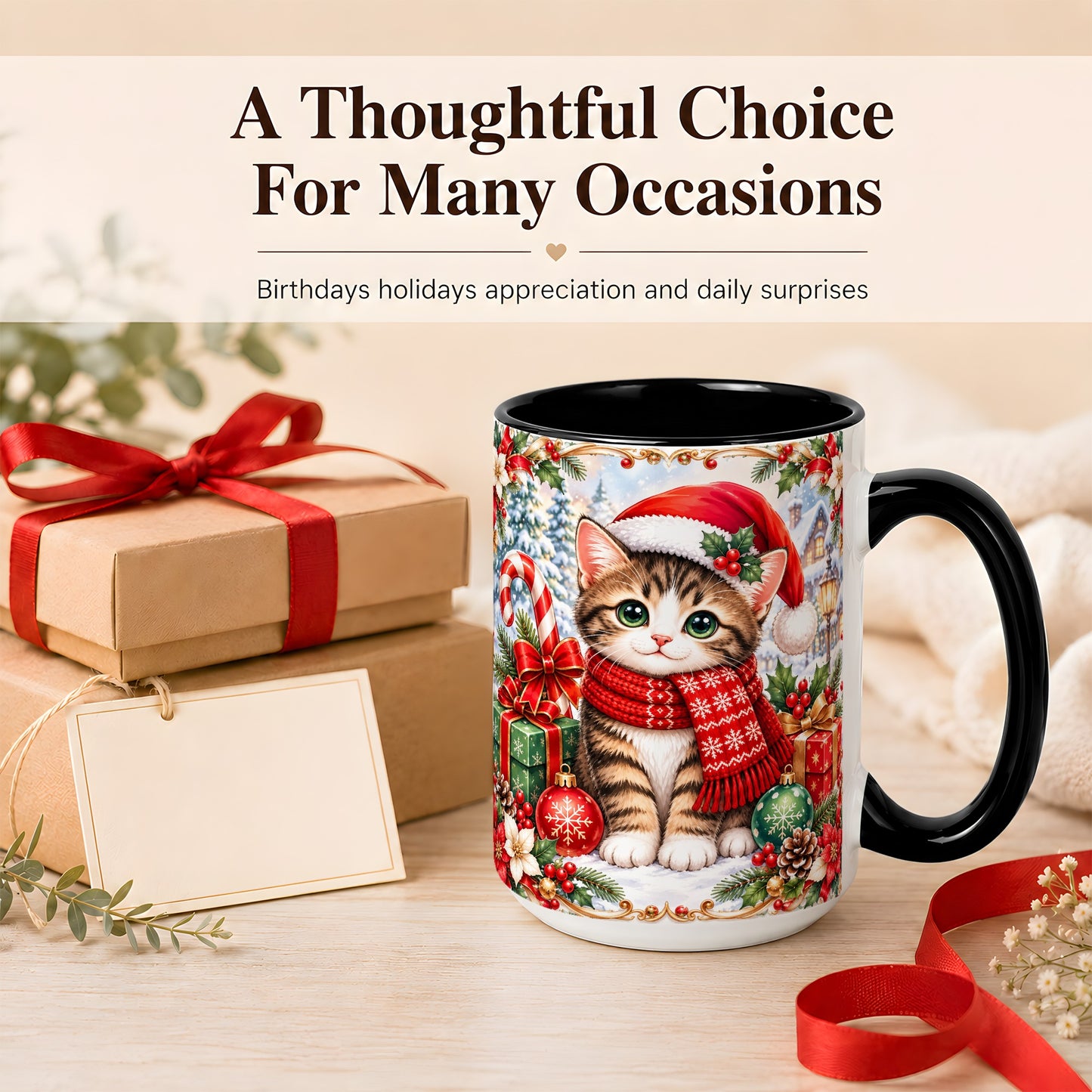 #pl[15oz|Black] Christmas Kitten Coffee Mug, Holiday Cat Mug, Ceramic Cup