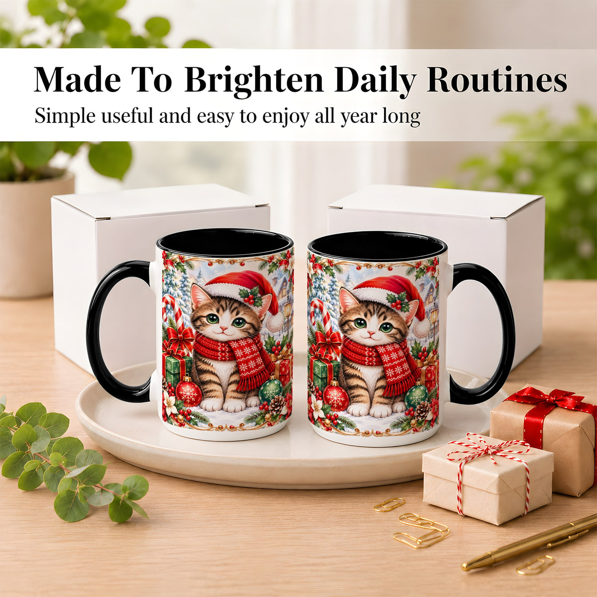 #pl[15oz|Black] Christmas Kitten Coffee Mug, Holiday Cat Mug, Ceramic Cup