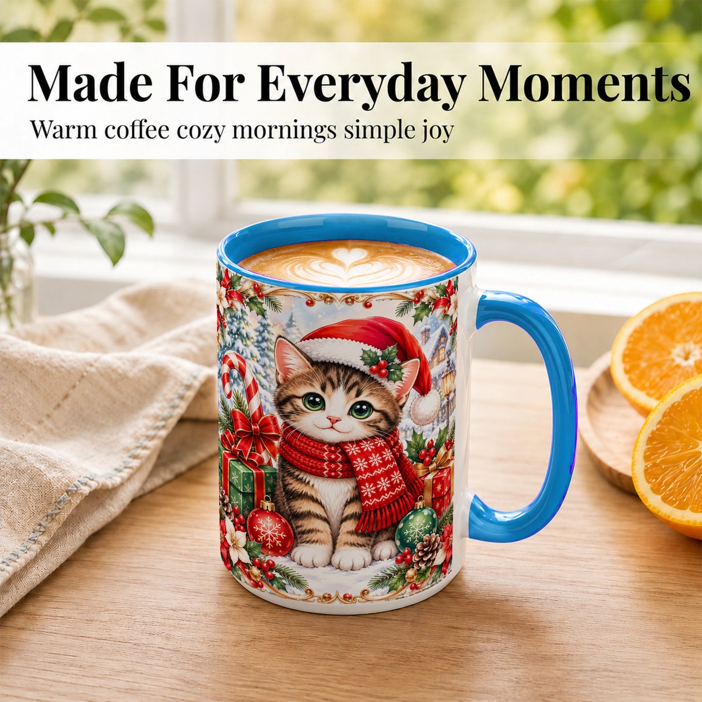 #pl[15oz|Blue] Christmas Kitten Coffee Mug, Holiday Cat Mug, Ceramic Cup