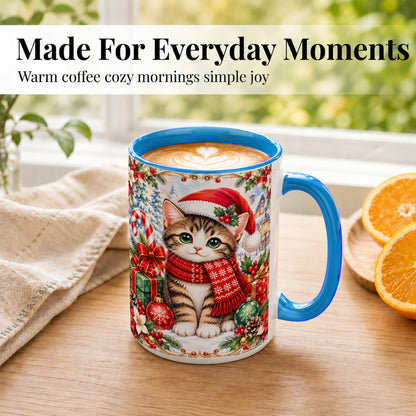 #pl[15oz|Blue] Christmas Kitten Coffee Mug, Holiday Cat Mug, Ceramic Cup