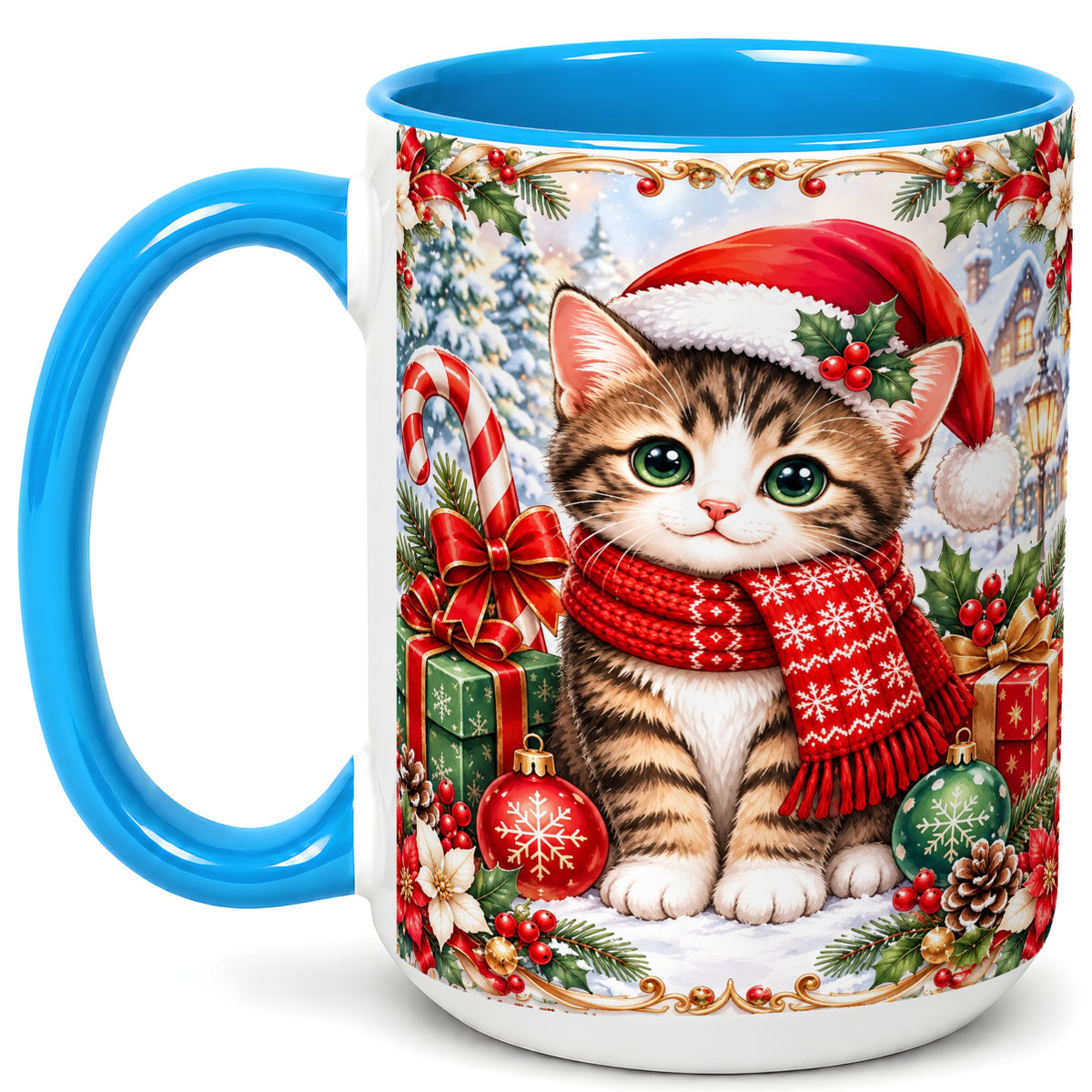 #pl[15oz|Blue] Christmas Kitten Coffee Mug, Holiday Cat Mug, Ceramic Cup