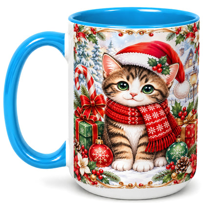 #pl[15oz|Blue] Christmas Kitten Coffee Mug, Holiday Cat Mug, Ceramic Cup