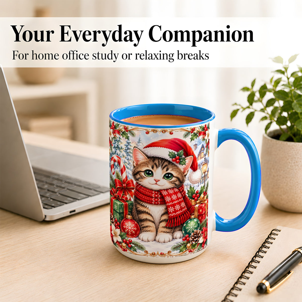 #pl[15oz|Blue] Christmas Kitten Coffee Mug, Holiday Cat Mug, Ceramic Cup