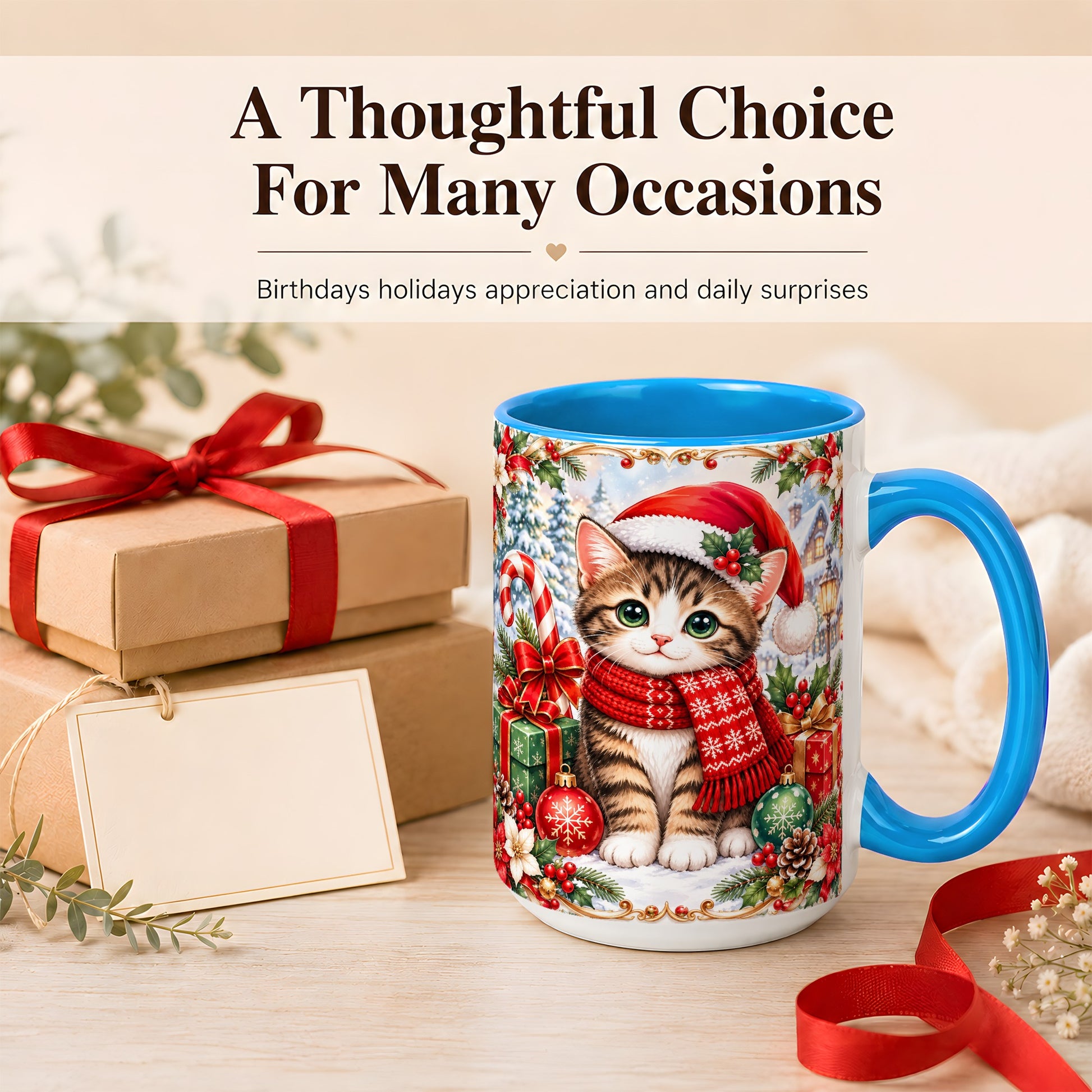 #pl[15oz|Blue] Christmas Kitten Coffee Mug, Holiday Cat Mug, Ceramic Cup
