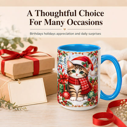 #pl[15oz|Blue] Christmas Kitten Coffee Mug, Holiday Cat Mug, Ceramic Cup