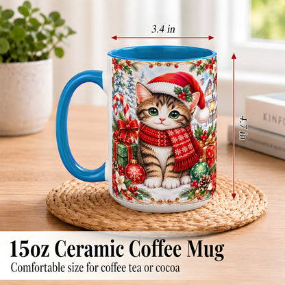 #pl[15oz|Blue] Christmas Kitten Coffee Mug, Holiday Cat Mug, Ceramic Cup