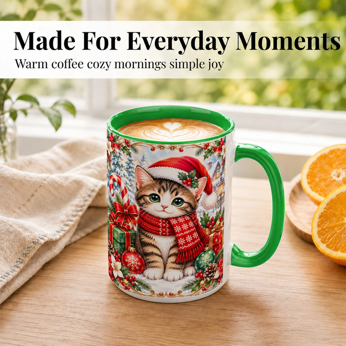 #pl[15oz|Green] Christmas Kitten Coffee Mug, Holiday Cat Mug, Ceramic Cup