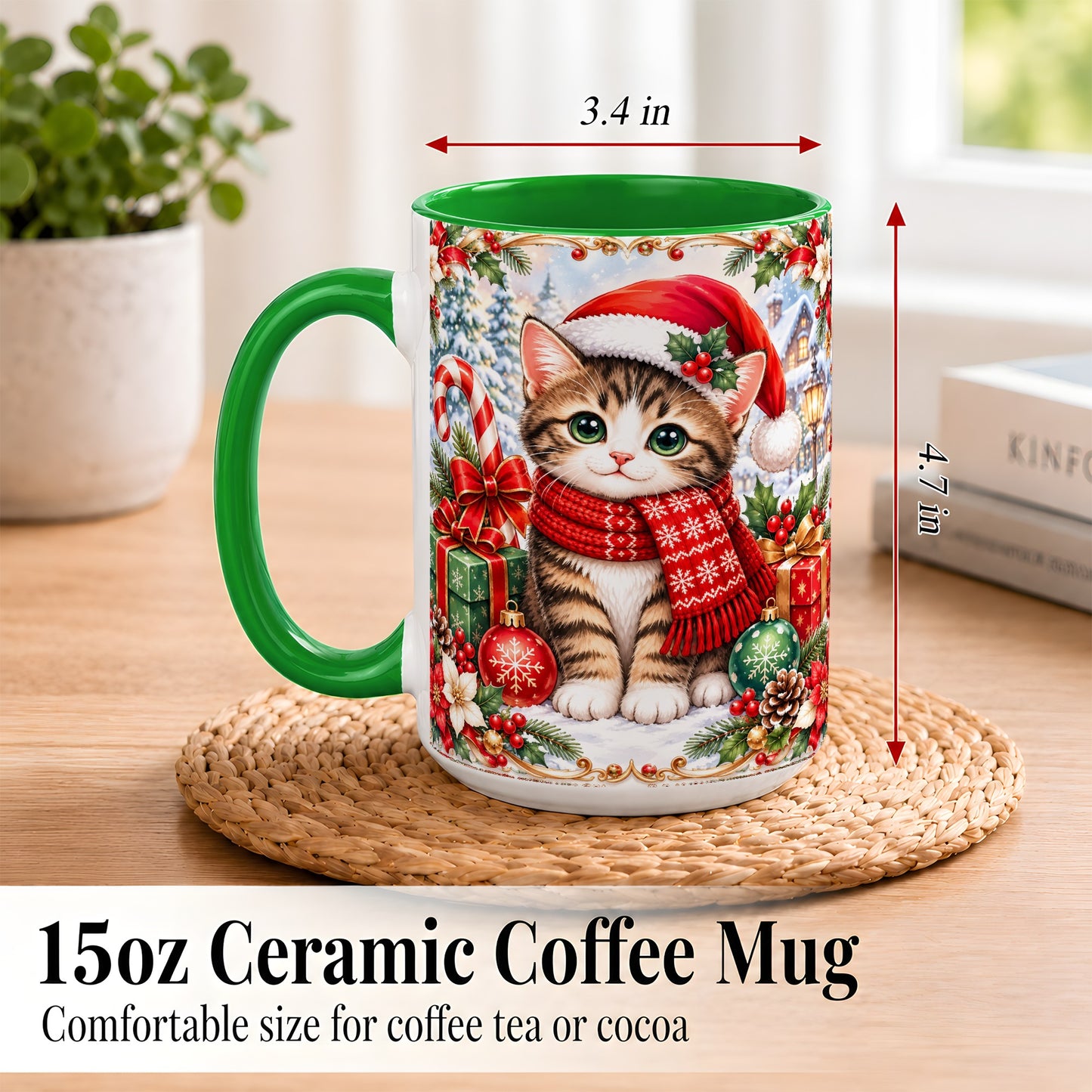 #pl[15oz|Green] Christmas Kitten Coffee Mug, Holiday Cat Mug, Ceramic Cup