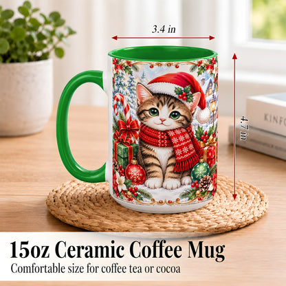 #pl[15oz|Green] Christmas Kitten Coffee Mug, Holiday Cat Mug, Ceramic Cup