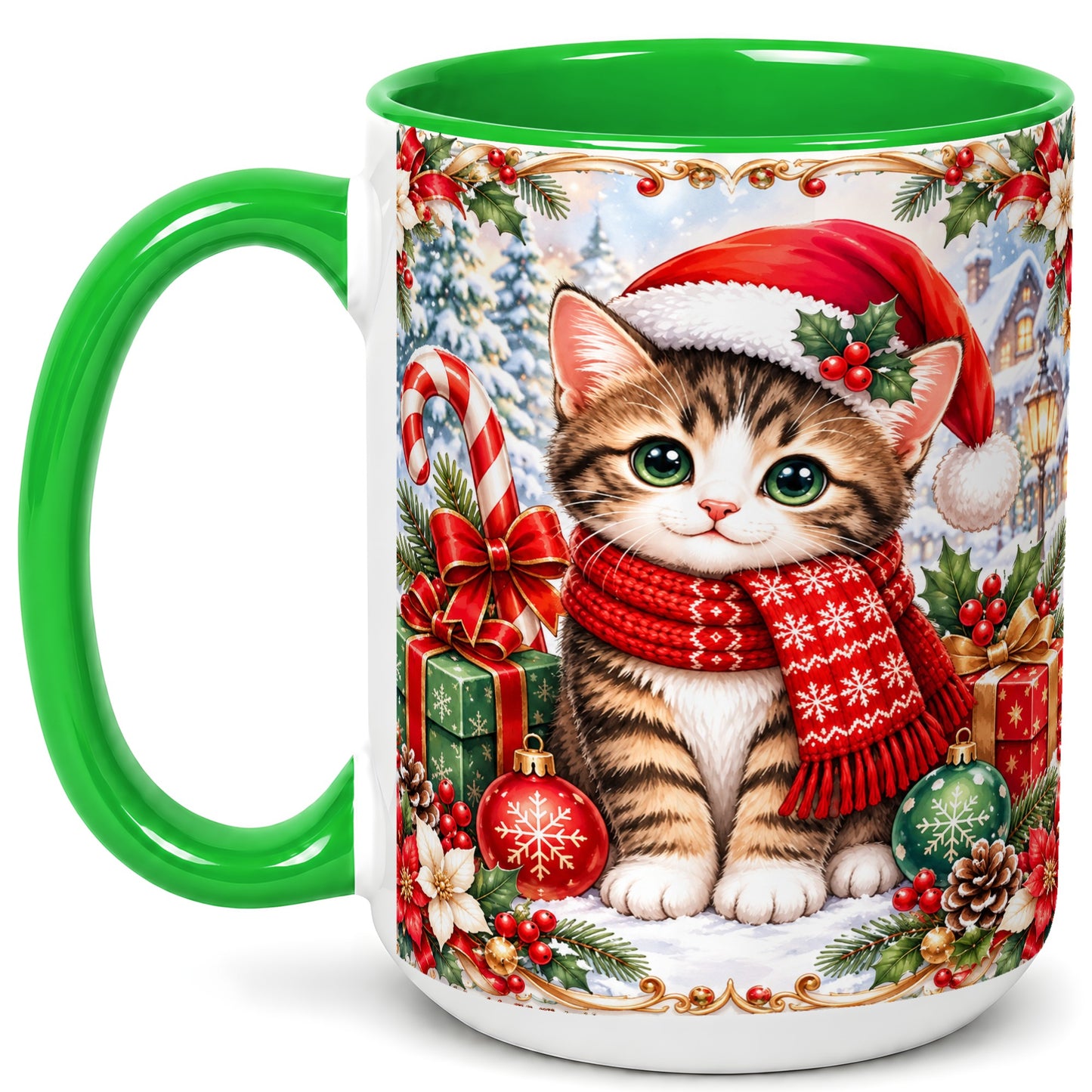 #pl[15oz|Green] Christmas Kitten Coffee Mug, Holiday Cat Mug, Ceramic Cup