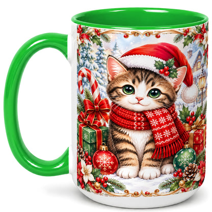 #pl[15oz|Green] Christmas Kitten Coffee Mug, Holiday Cat Mug, Ceramic Cup