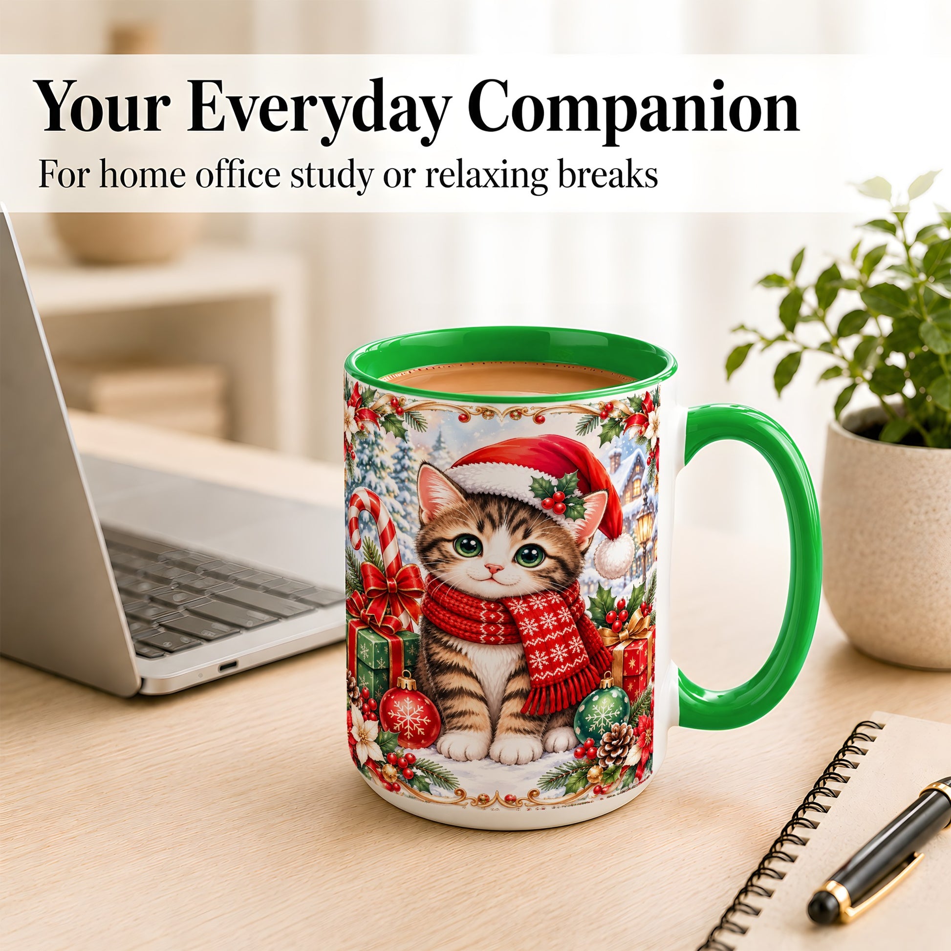 #pl[15oz|Green] Christmas Kitten Coffee Mug, Holiday Cat Mug, Ceramic Cup