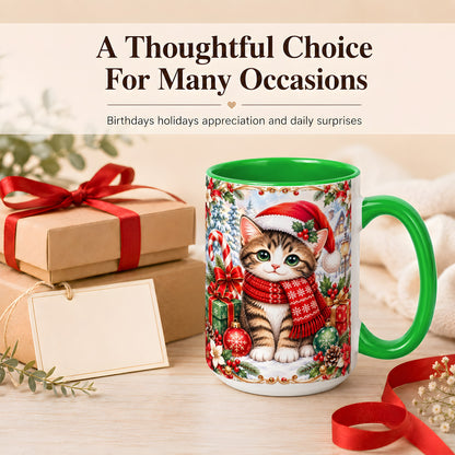 #pl[15oz|Green] Christmas Kitten Coffee Mug, Holiday Cat Mug, Ceramic Cup