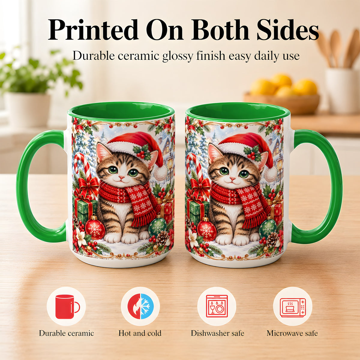 #pl[15oz|Green] Christmas Kitten Coffee Mug, Holiday Cat Mug, Ceramic Cup