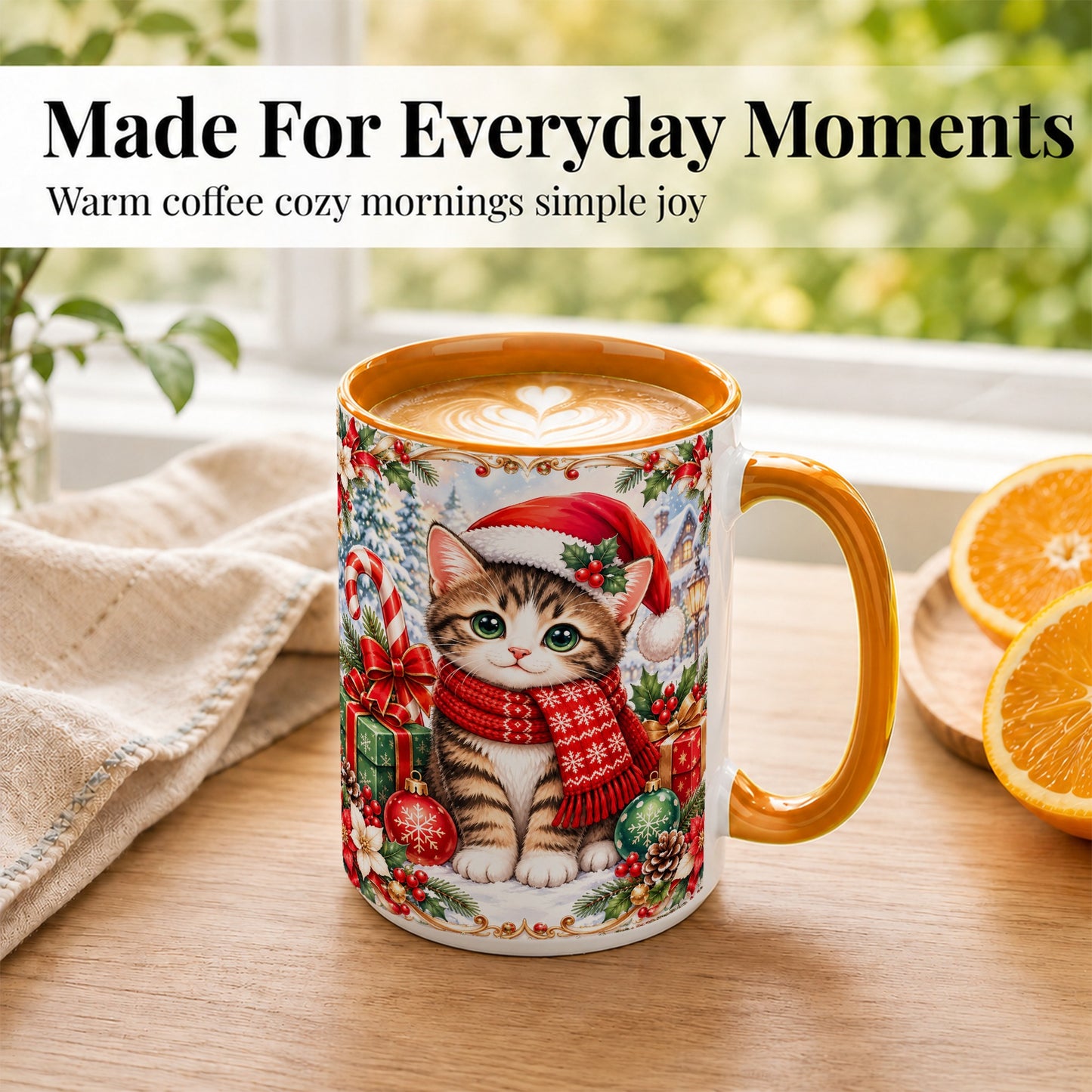 #pl[15oz|Orange] Christmas Kitten Coffee Mug, Holiday Cat Mug, Ceramic Cup