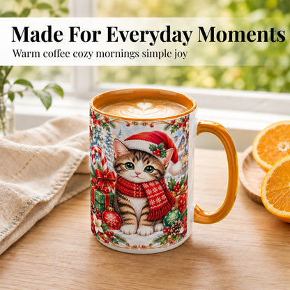 #pl[15oz|Orange] Christmas Kitten Coffee Mug, Holiday Cat Mug, Ceramic Cup