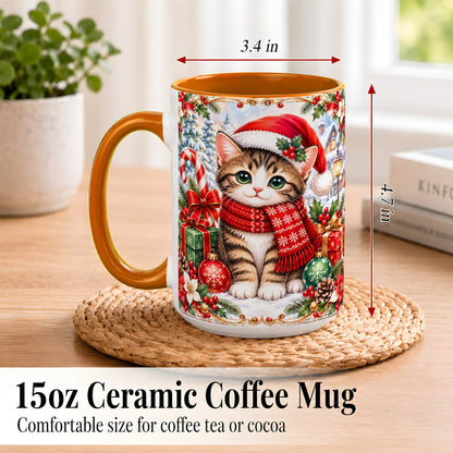 #pl[15oz|Orange] Christmas Kitten Coffee Mug, Holiday Cat Mug, Ceramic Cup