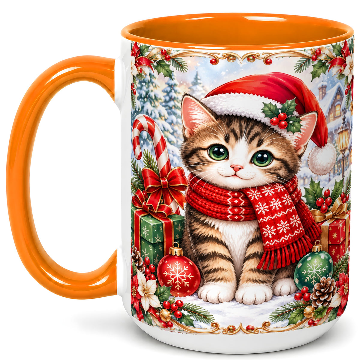 #pl[15oz|Orange] Christmas Kitten Coffee Mug, Holiday Cat Mug, Ceramic Cup