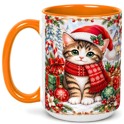#pl[15oz|Orange] Christmas Kitten Coffee Mug, Holiday Cat Mug, Ceramic Cup