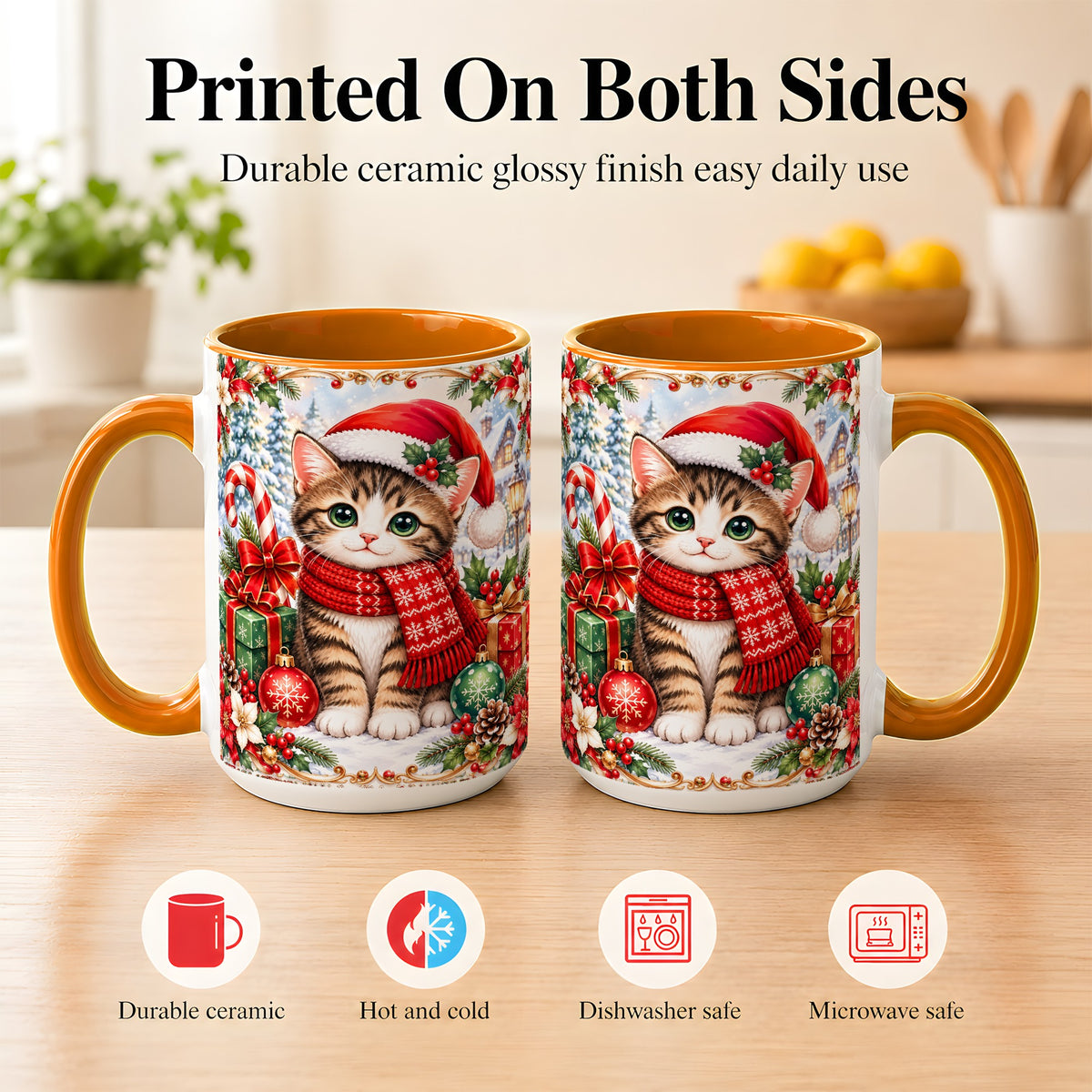 #pl[15oz|Orange] Christmas Kitten Coffee Mug, Holiday Cat Mug, Ceramic Cup