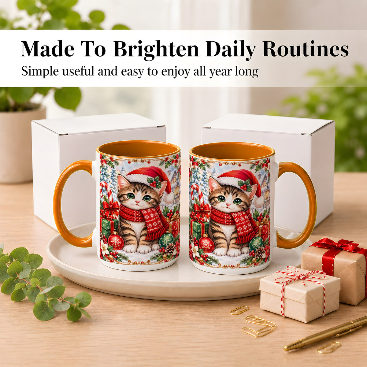 #pl[15oz|Orange] Christmas Kitten Coffee Mug, Holiday Cat Mug, Ceramic Cup