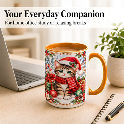 #pl[15oz|Orange] Christmas Kitten Coffee Mug, Holiday Cat Mug, Ceramic Cup