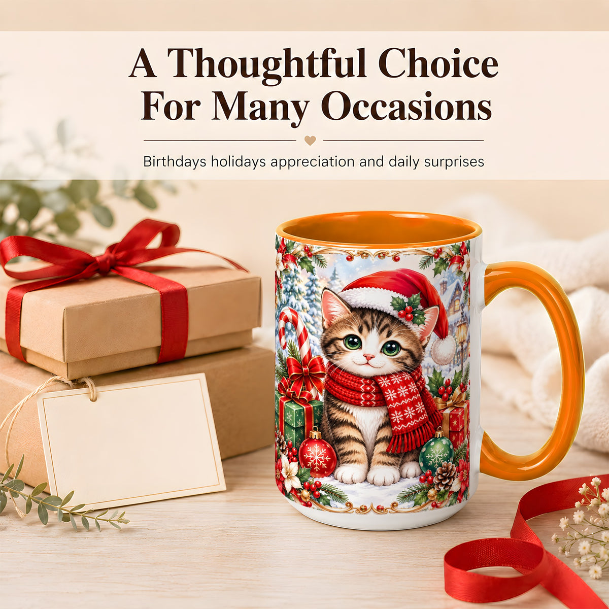 #pl[15oz|Orange] Christmas Kitten Coffee Mug, Holiday Cat Mug, Ceramic Cup