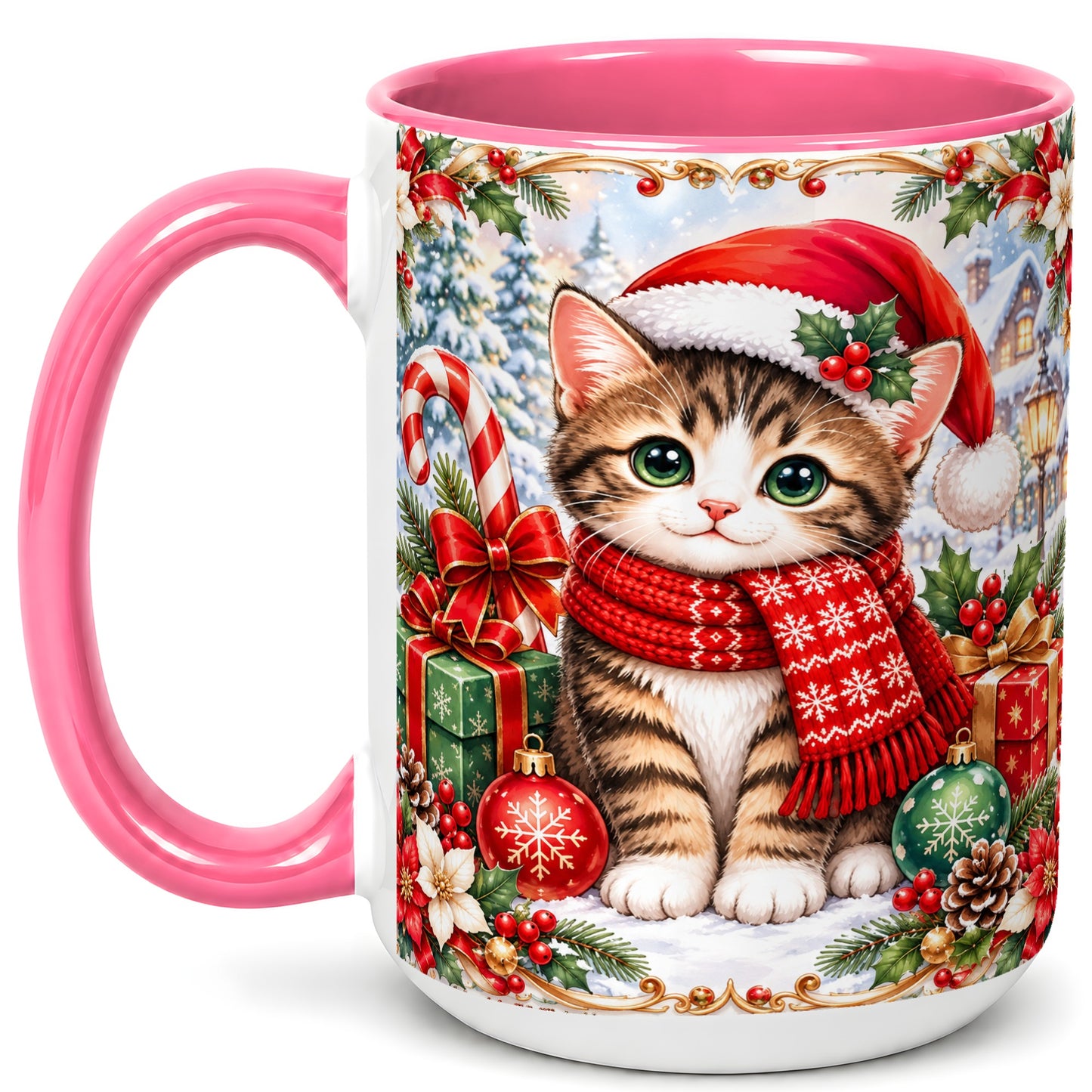 #pl[15oz|Pink] Christmas Kitten Coffee Mug, Holiday Cat Mug, Ceramic Cup
