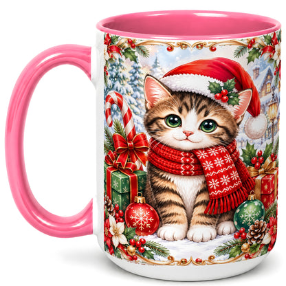 #pl[15oz|Pink] Christmas Kitten Coffee Mug, Holiday Cat Mug, Ceramic Cup