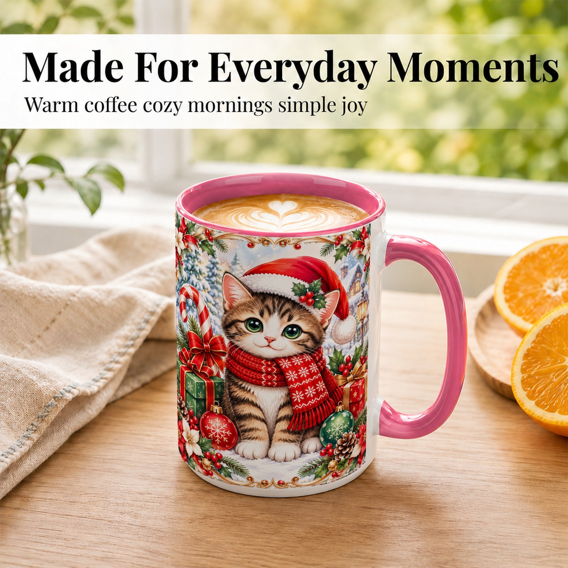 #pl[15oz|Pink] Christmas Kitten Coffee Mug, Holiday Cat Mug, Ceramic Cup