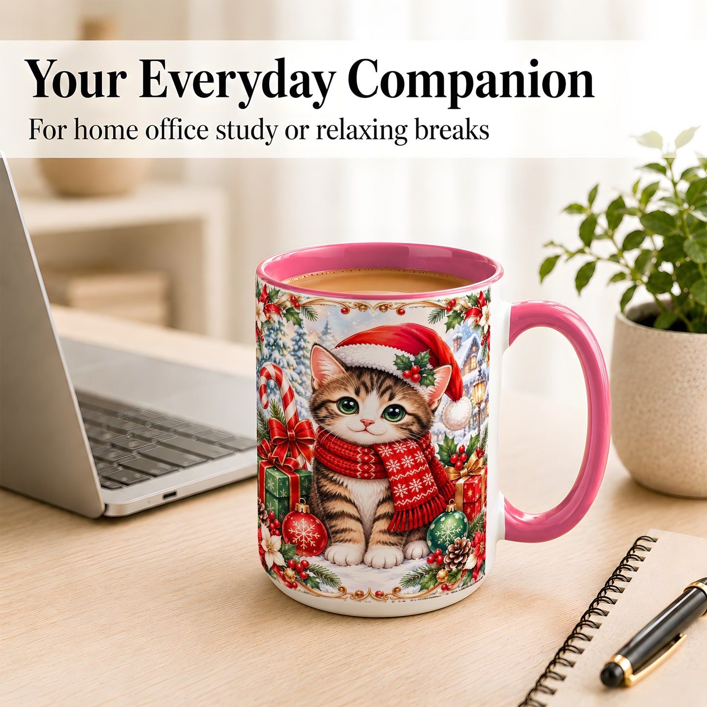 #pl[15oz|Pink] Christmas Kitten Coffee Mug, Holiday Cat Mug, Ceramic Cup