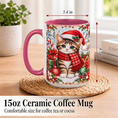 #pl[15oz|Pink] Christmas Kitten Coffee Mug, Holiday Cat Mug, Ceramic Cup