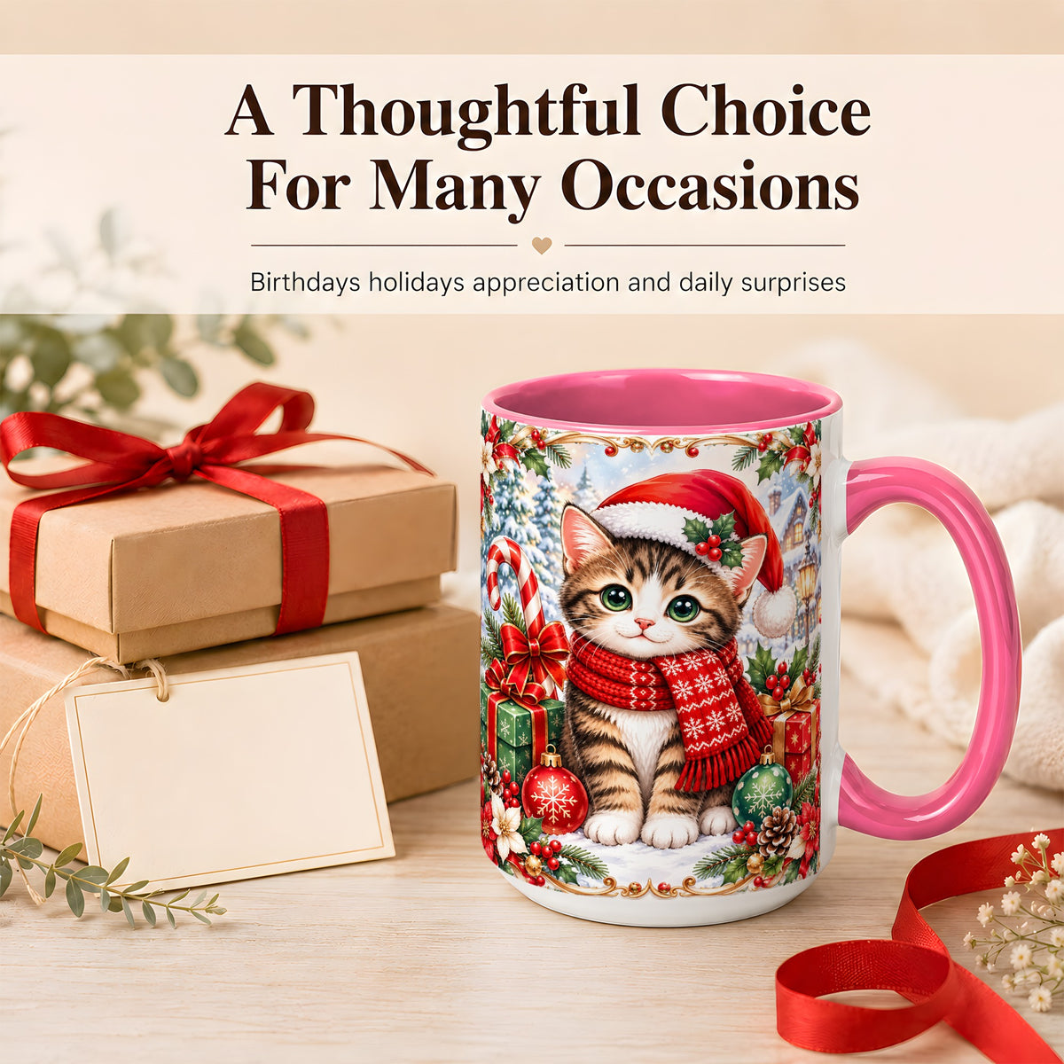 #pl[15oz|Pink] Christmas Kitten Coffee Mug, Holiday Cat Mug, Ceramic Cup