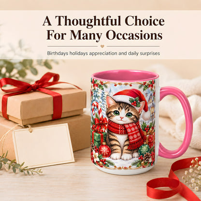 #pl[15oz|Pink] Christmas Kitten Coffee Mug, Holiday Cat Mug, Ceramic Cup