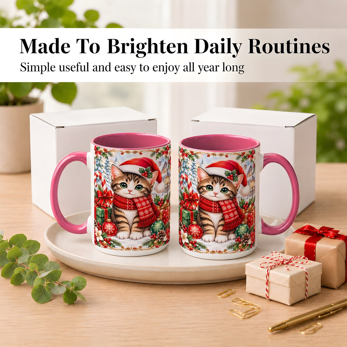 #pl[15oz|Pink] Christmas Kitten Coffee Mug, Holiday Cat Mug, Ceramic Cup
