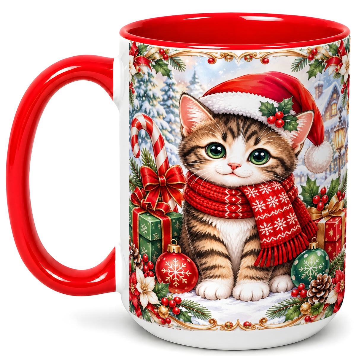 #pl[15oz|Red] Christmas Kitten Coffee Mug, Holiday Cat Mug, Ceramic Cup