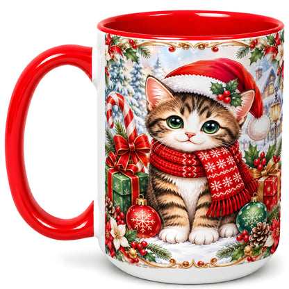 #pl[15oz|Red] Christmas Kitten Coffee Mug, Holiday Cat Mug, Ceramic Cup