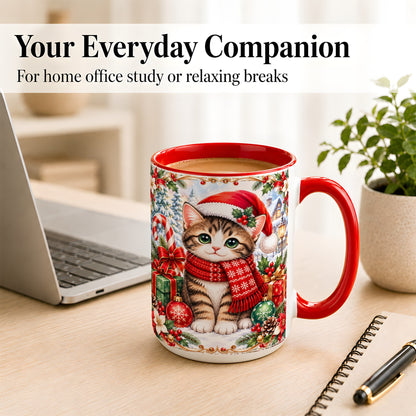 #pl[15oz|Red] Christmas Kitten Coffee Mug, Holiday Cat Mug, Ceramic Cup