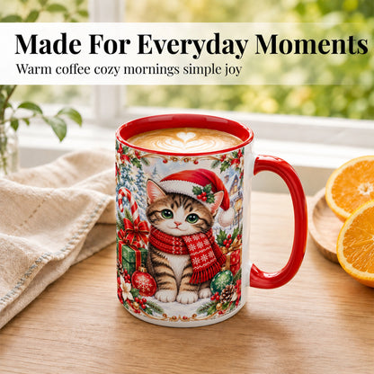 #pl[15oz|Red] Christmas Kitten Coffee Mug, Holiday Cat Mug, Ceramic Cup