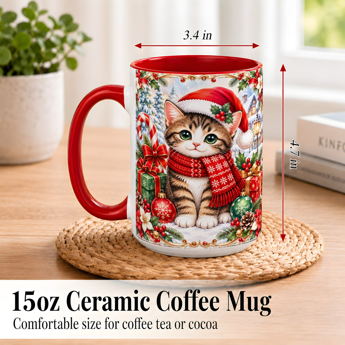 #pl[15oz|Red] Christmas Kitten Coffee Mug, Holiday Cat Mug, Ceramic Cup