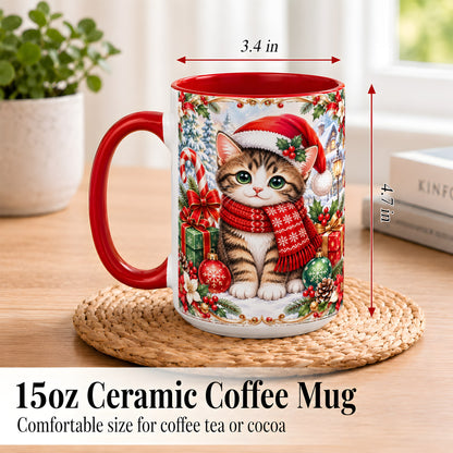 #pl[15oz|Red] Christmas Kitten Coffee Mug, Holiday Cat Mug, Ceramic Cup