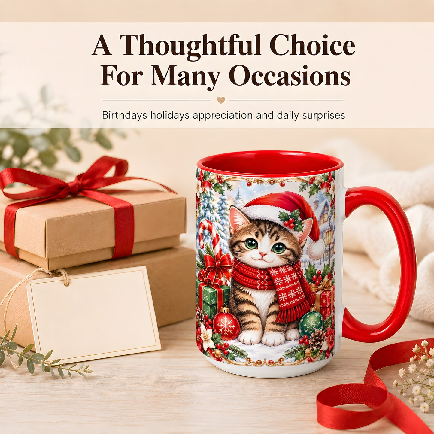 #pl[15oz|Red] Christmas Kitten Coffee Mug, Holiday Cat Mug, Ceramic Cup