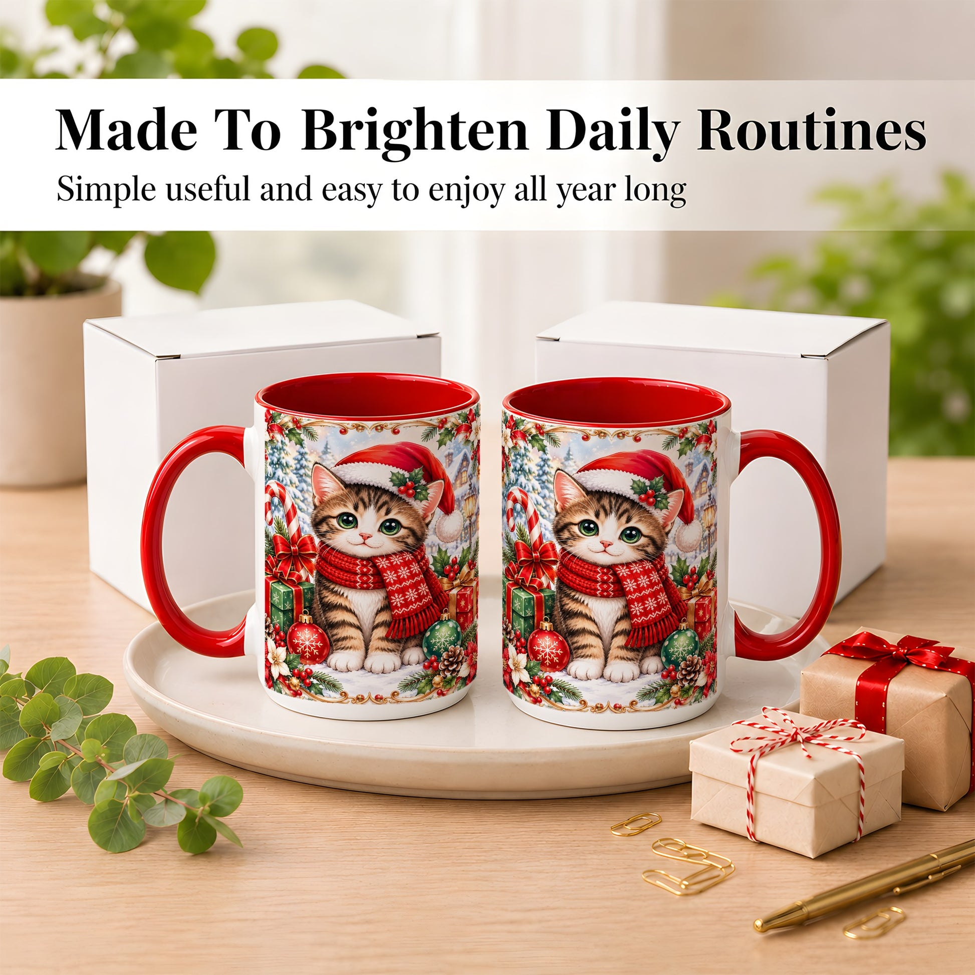 #pl[15oz|Red] Christmas Kitten Coffee Mug, Holiday Cat Mug, Ceramic Cup