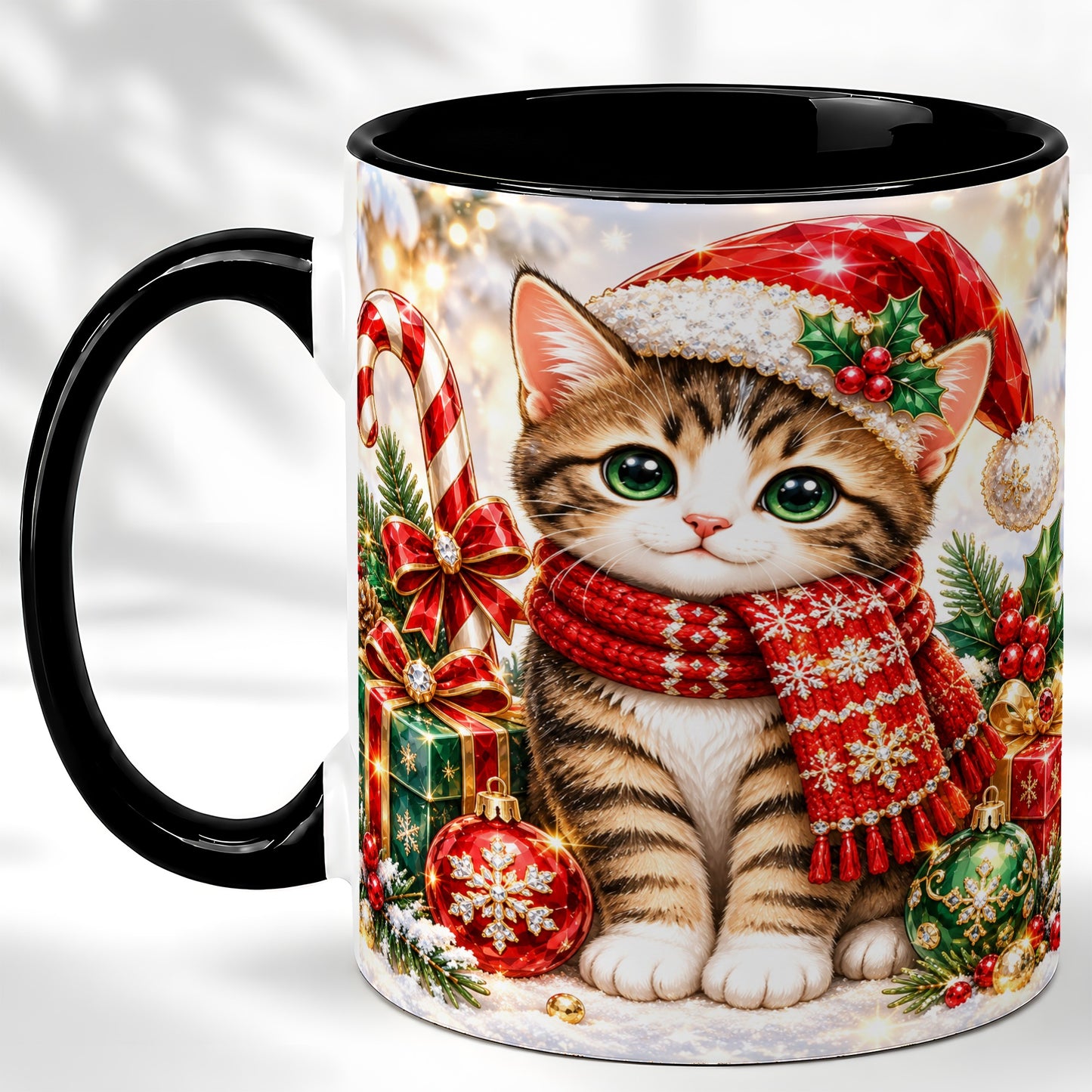 #pl[11oz|Black] Sparkling Christmas Kitten Coffee Mug, Holiday Cat Mug, Ceramic Cup