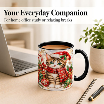 #pl[11oz|Black] Sparkling Christmas Kitten Coffee Mug, Holiday Cat Mug, Ceramic Cup