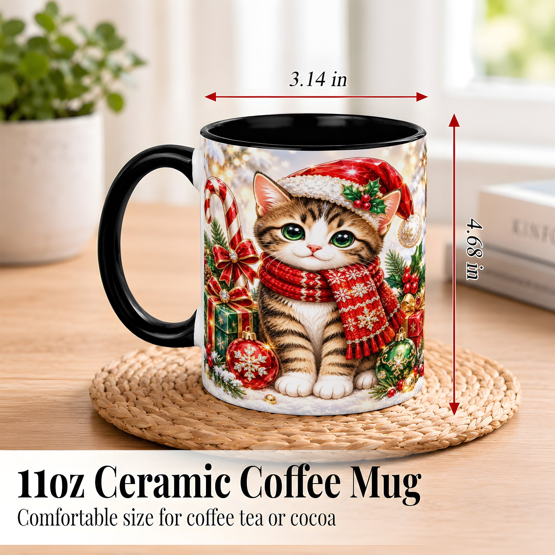 #pl[11oz|Black] Sparkling Christmas Kitten Coffee Mug, Holiday Cat Mug, Ceramic Cup