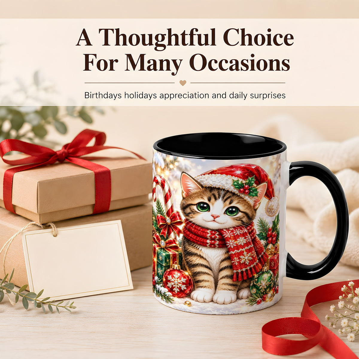 #pl[11oz|Black] Sparkling Christmas Kitten Coffee Mug, Holiday Cat Mug, Ceramic Cup