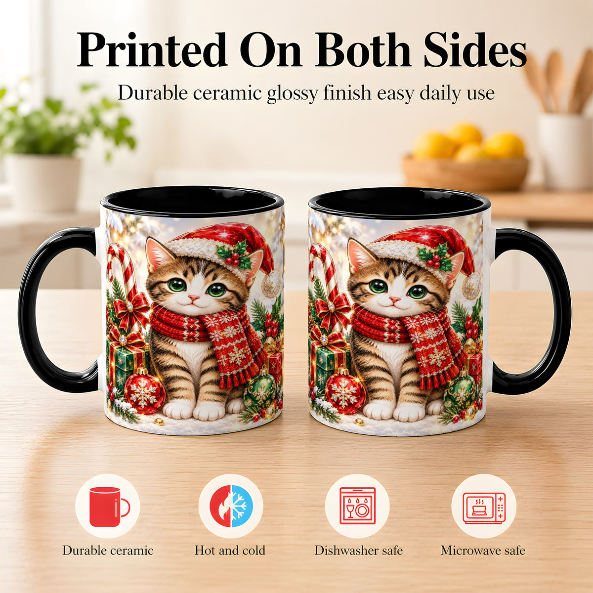 #pl[11oz|Black] Sparkling Christmas Kitten Coffee Mug, Holiday Cat Mug, Ceramic Cup