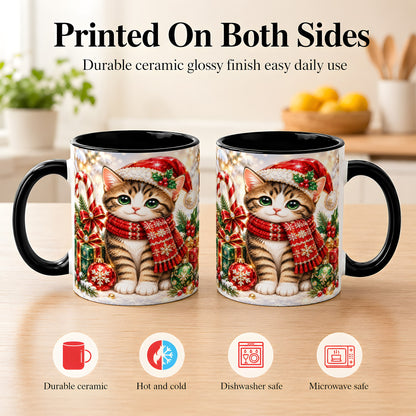 #pl[11oz|Black] Sparkling Christmas Kitten Coffee Mug, Holiday Cat Mug, Ceramic Cup
