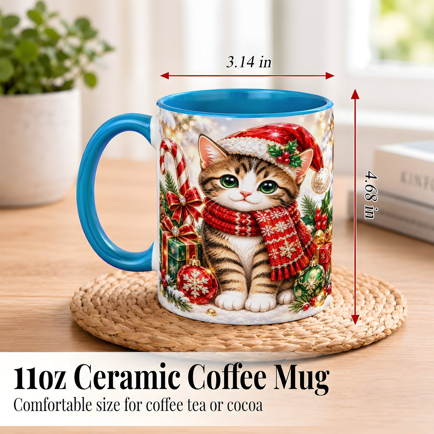 #pl[11oz|Blue] Sparkling Christmas Kitten Coffee Mug, Holiday Cat Mug, Ceramic Cup